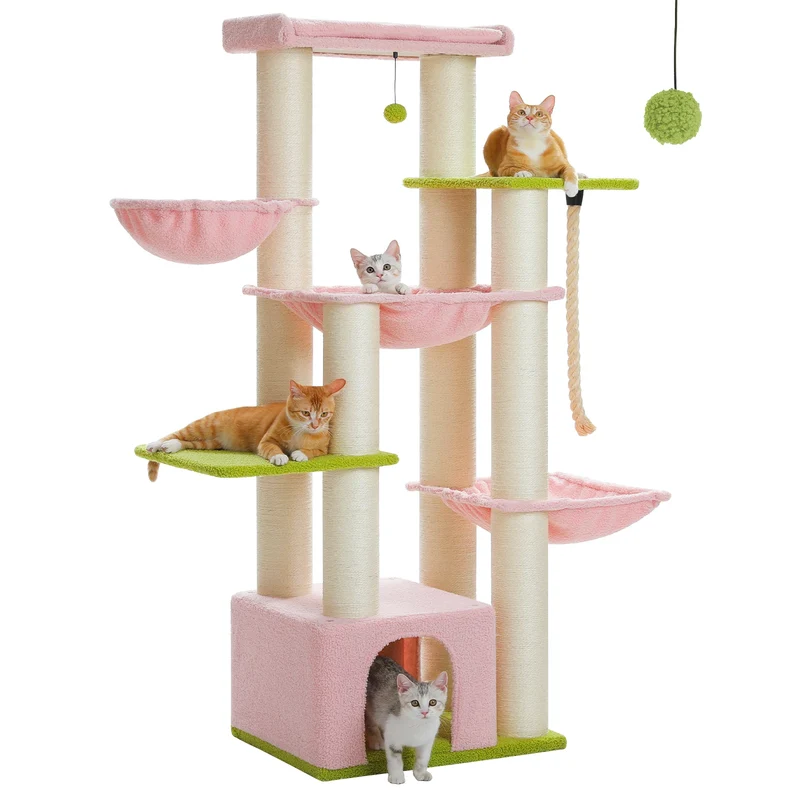 Krabpaal - Kattenkrabpaal - Krabton - Kattenboom - Krabpalen - Kattenhuis - Robuuste Klimtoren met Meerdere Verdiepingen - 11 Sisalpalen en Extra Grote Ligplateaus - met Hangmat - Lichtroze