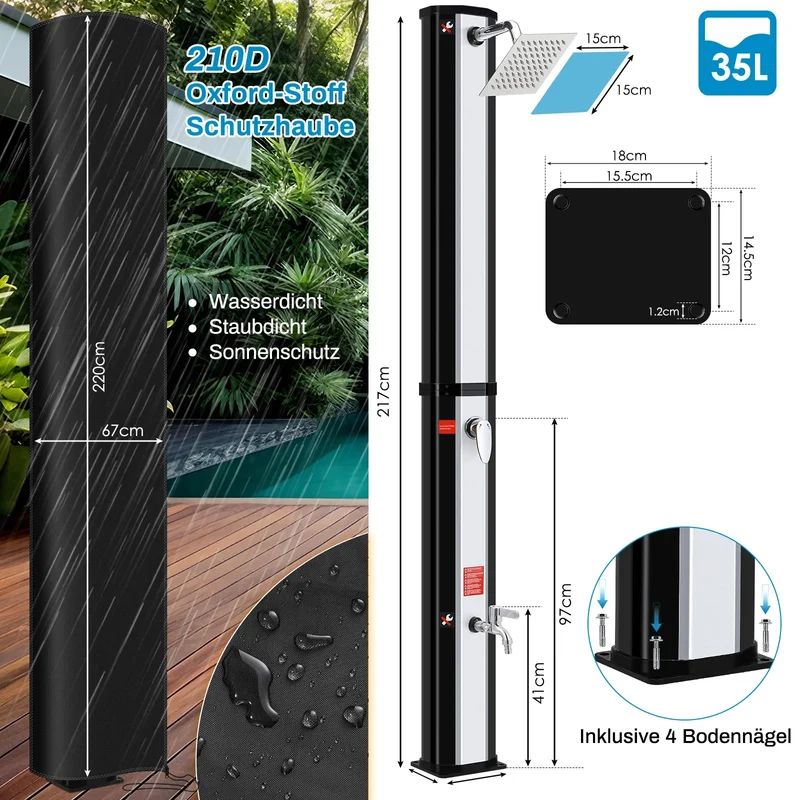 Solar Douche - Douchekraan - Douchepaneel - Camping Douche - Zonnedouche - 35L Solar Shower Kolom – Tuin en Strand Buiten Douche, Koud & Warm Water, Waterproof, Voor Zwembad en Tuin – Zwart Zilver