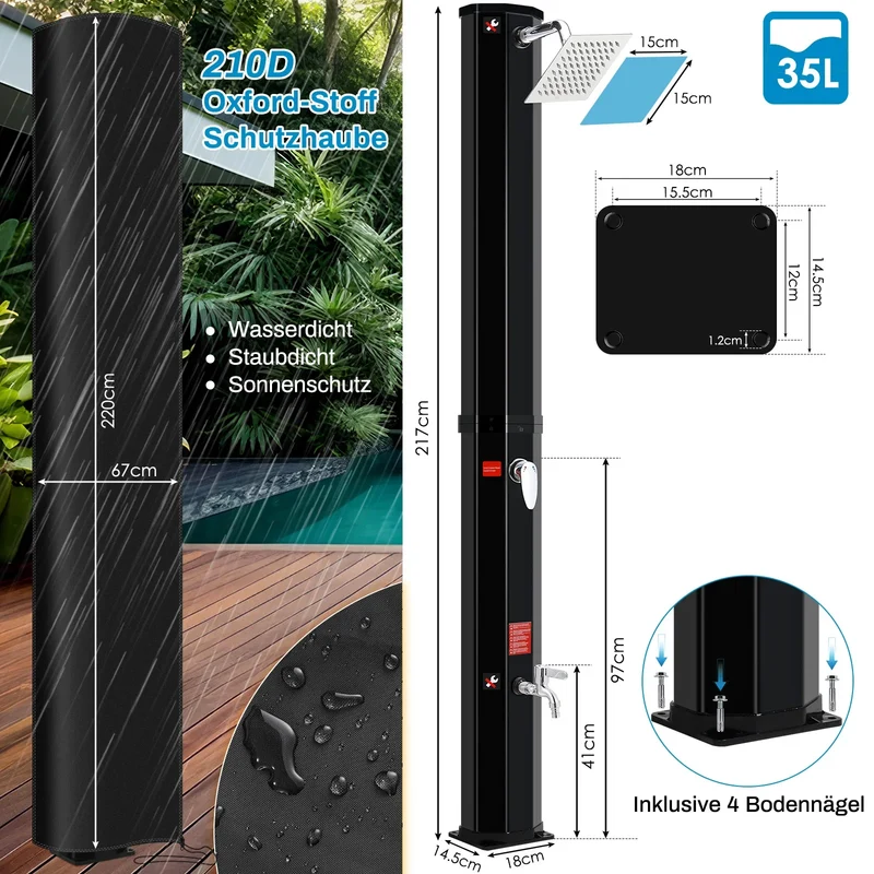 Solar Douche - Douchekraan - Douchepaneel - Camping Douche - Zonnedouche - 35L Solar Shower Kolom – Tuin en Strand Buiten Douche, Koud & Warm Water, Waterproof, Voor Zwembad en Tuin – Zwart