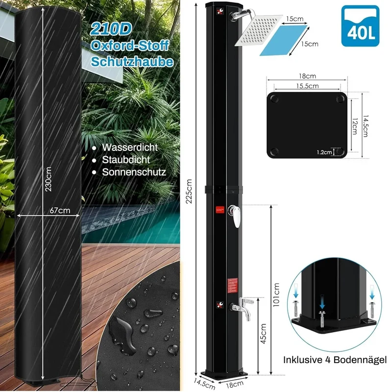 Solar Douche - Douchekraan - Douchepaneel - Camping Douche - Zonnedouche - 40L Solar Shower Kolom – Tuin en Strand Buiten Douche, Koud & Warm Water, Waterproof, Voor Zwembad en Tuin – Zwart