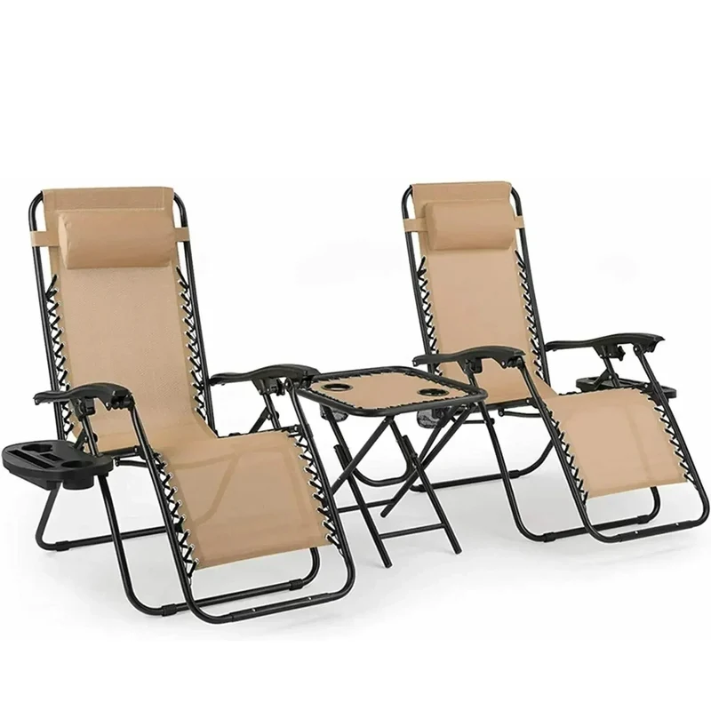 Ligstoelen Set met Tafel - Loungeset Buiten - Verstelbare Tuinstoelen - Campingstoelen - Opvouwbare Strandstoelen met Hoofdkussen en Bekerhouder - Beige