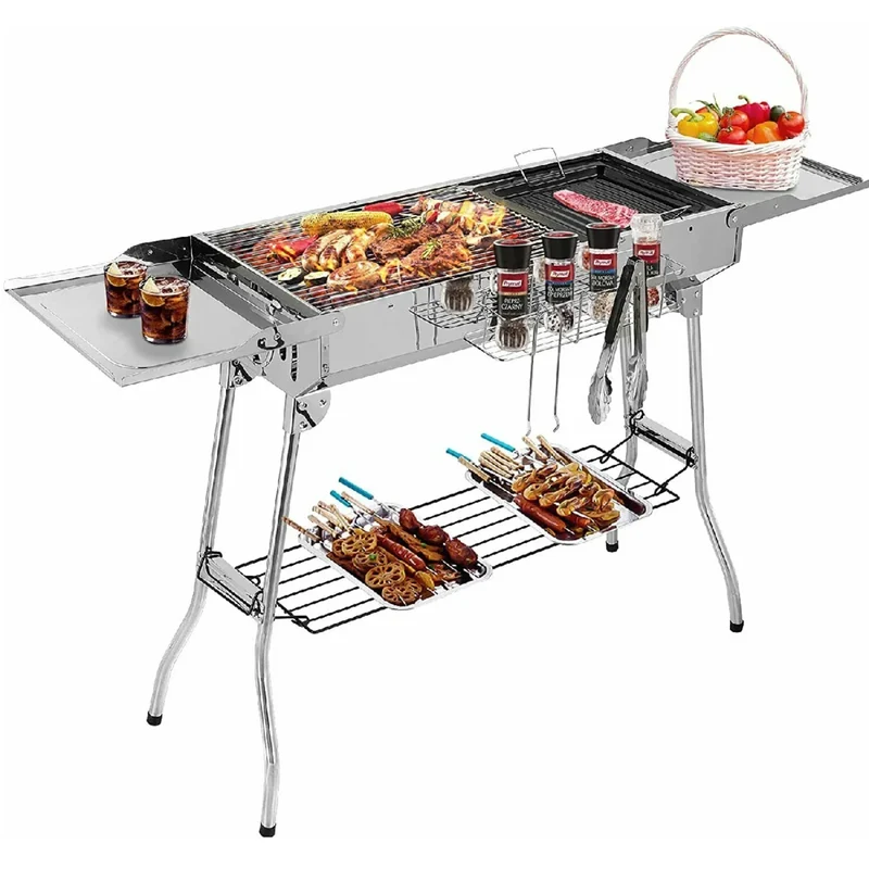 Houtskool - BBQ - Houtskoolbarbecue - Houtskoolgrill van Roestvrij Staal - Draagbare - met Opvouwbare Vleugels, Antiaanbakpan en Verstelbare Ventilatie