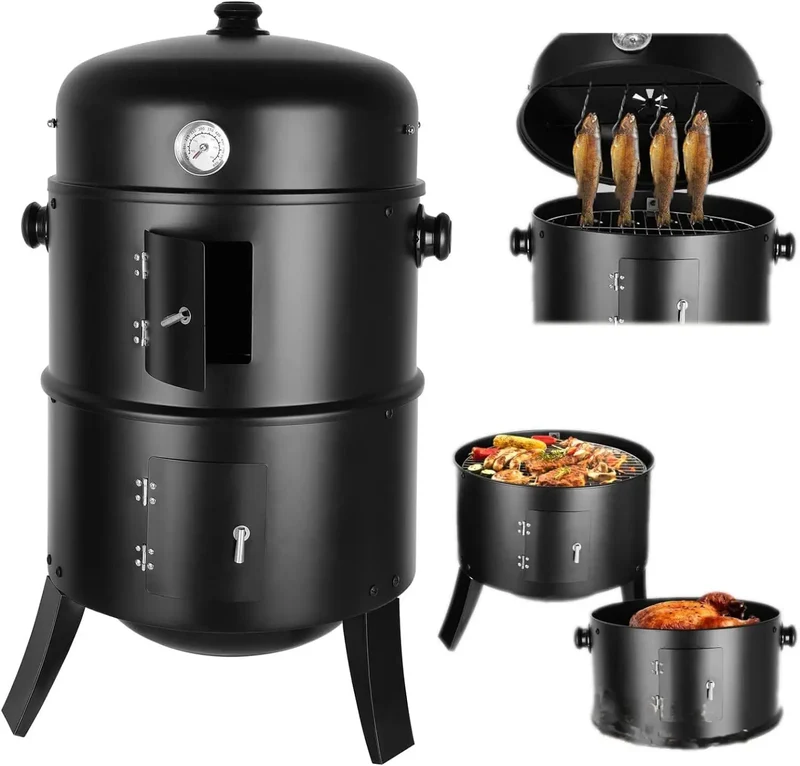 Bbq Roker - Houtskool - Grill - Stomen - Barbecue - 2 Niveaus - Inclusief Thermometer - Buiten - 3 in 1 - Zwart