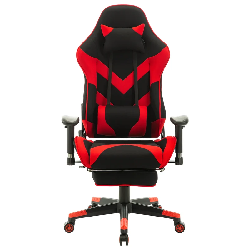 Gaming Stoel - Bureau – Racing - Ergonomische - Verstelbare - met Voetsteun - 155° Ligstand - Nekkussen - Lenden - Kunstleer – 360° Draaibare Wielen - Tot 136 kg Draagvermogen - Rode Stof