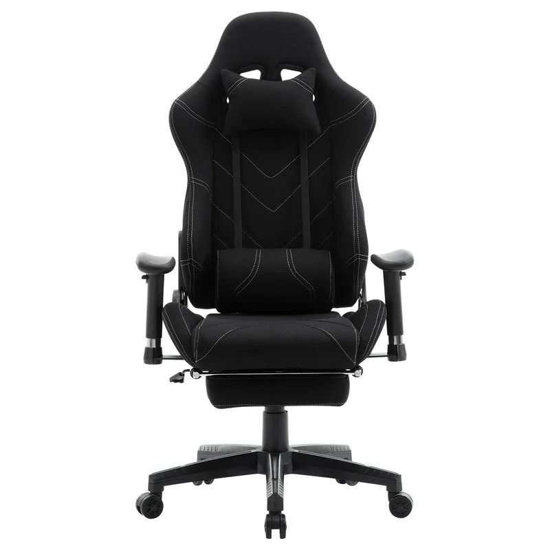 Gaming Stoel - Bureau – Racing - Ergonomische - Verstelbare - met Voetsteun - 155° Ligstand - Nekkussen - Lenden - Kunstleer – 360° Draaibare Wielen - Tot 136 kg Draagvermogen - Zwarte Stof