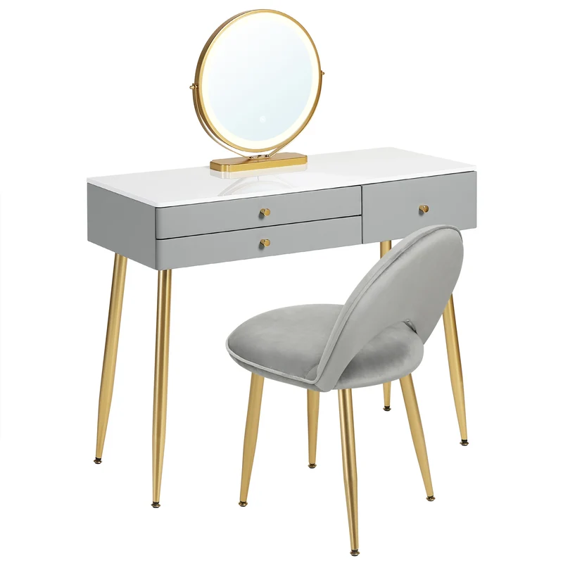 Make-up Tafel - met Spiegel - LED Spiegellicht - Kaptafel - Verstelbare - 100x40x122 cm - 3 Lades - Velvet Kruk - voor Slaapkamer -1SET - Grijs
