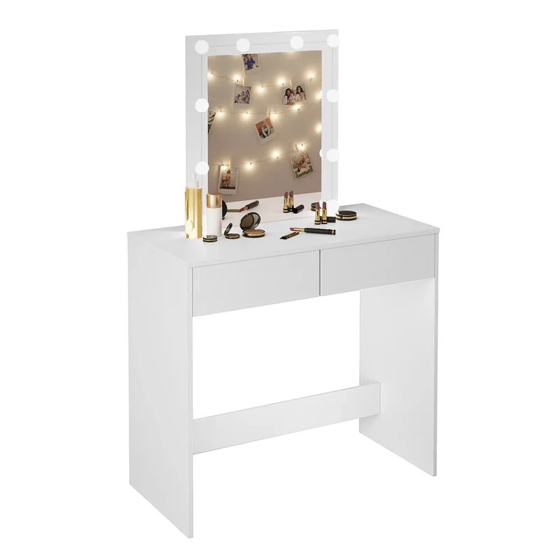 Kaptafel - met Spiegel - Cosmetic - Make Up - met 10 Dimbare LED Lampen - 80x132.5x39.5cm - met 2 Lades - Opbergkast - Wit