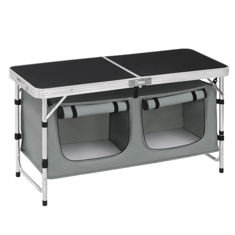 Inklapbare Tafel – Camping – Vouwtafel Buiten – Opvouwbaar - met Opbergtas - en Kastjes - 180 x 70 x 74 cm – voor Tuin - BBQ - Zwart Grijs