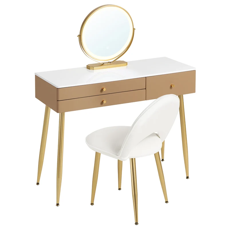 Make-up Tafel - met Spiegel - LED Spiegellicht - Kaptafel - Verstelbare - 100x40x122 cm - 3 Lades - Velvet Kruk - voor Slaapkamer -1SET - Khaki