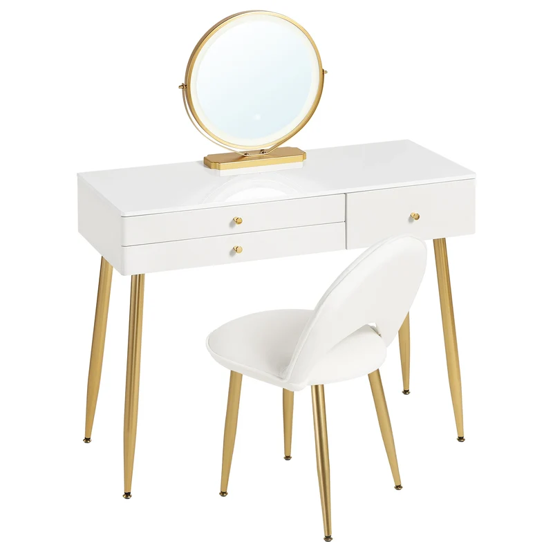 Make-up Tafel - met Spiegel - LED Spiegellicht - Kaptafel - Verstelbare - 100x40x122 cm - 3 Lades - Velvet Kruk - voor Slaapkamer -1SET - Wit