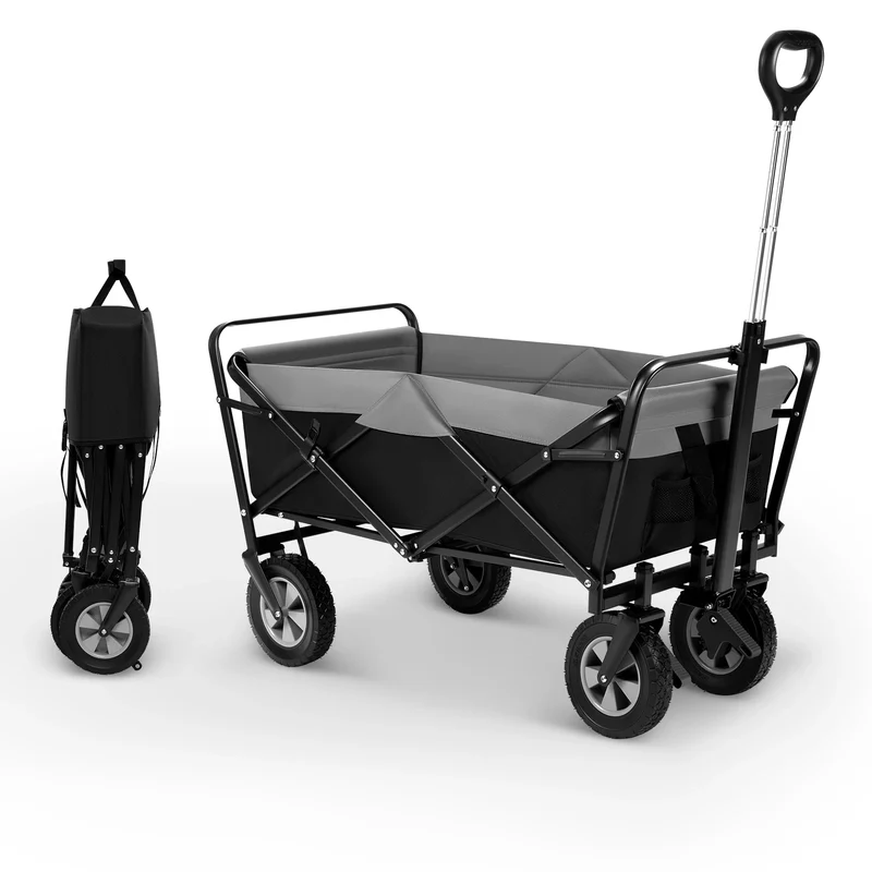 Tuinwagen - Tuinkar - Bolder - Transport - Strand - Boodschappen - Heavy-duty - Plat- en - Hekwerkontwerp - Voor Tuin - Erf - en Magazijn - Ergonomische Handgreep - 100L - 360° Draaibare Wielen - Draagvermogen 80kg - Zwart en Grijs