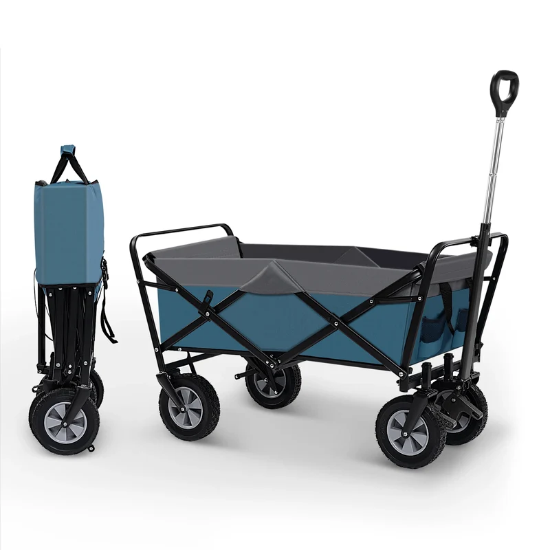Tuinwagen - Tuinkar - Bolder - Transport - Strand - Boodschappen - Heavy-duty - Plat- en - Hekwerkontwerp - Voor Tuin - Erf - en Magazijn - Ergonomische Handgreep - 100L - 360° Draaibare Wielen - Draagvermogen 80kg - Blauw en Grijs