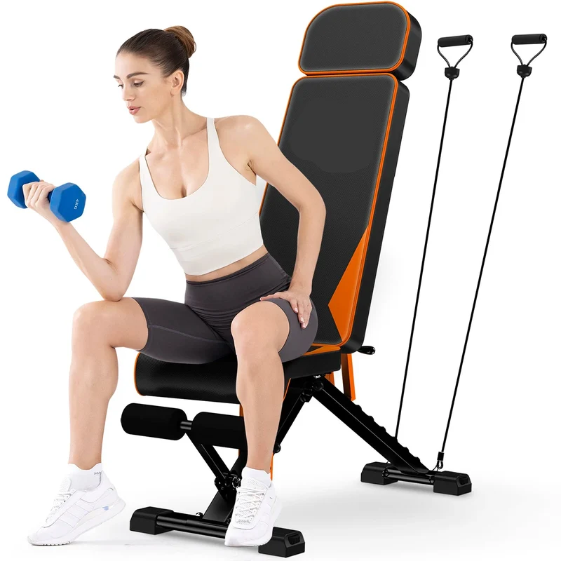 Halterbank - met Weerstandsbanden - Theffen - Sit-ups - Verstelbare - Full-Body Oefeningen - Thuisfitnessruimte - Zwart Oranje