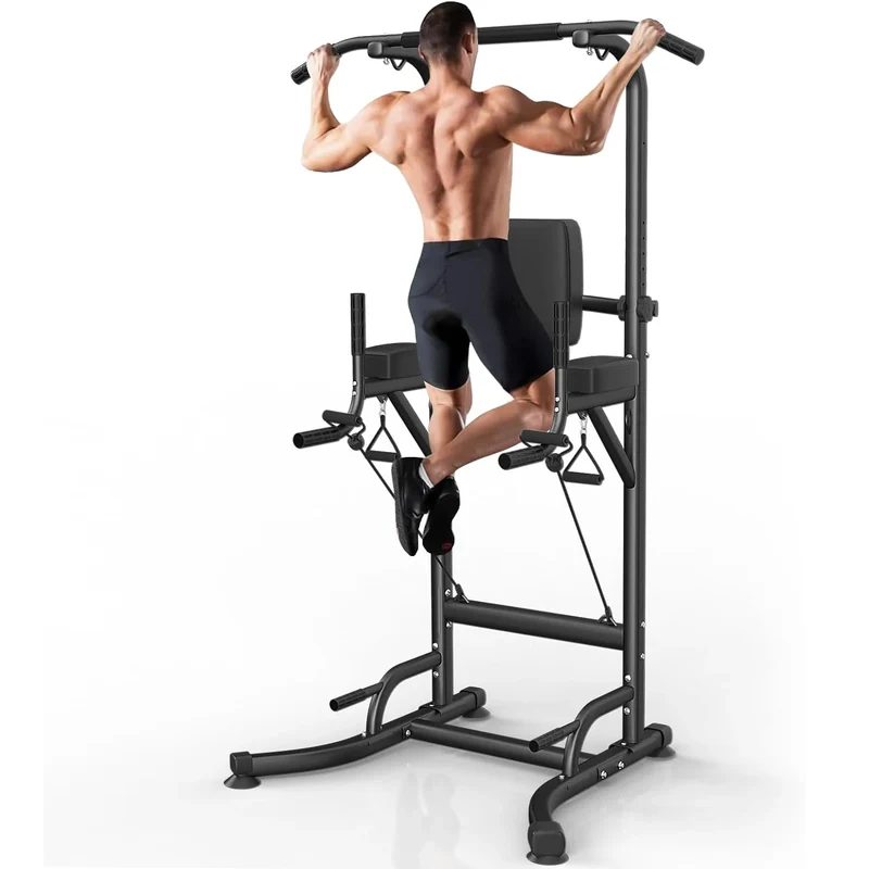 Power Tower - Pull Up Station - Bar - Rack - Dip - Push Up - Multifunctionele - Inclusief Weerstandsbanden - Verstelbaar - Oefening Abdominale Oefeningen - voor Thuis Gym Krachttraining - Zwart