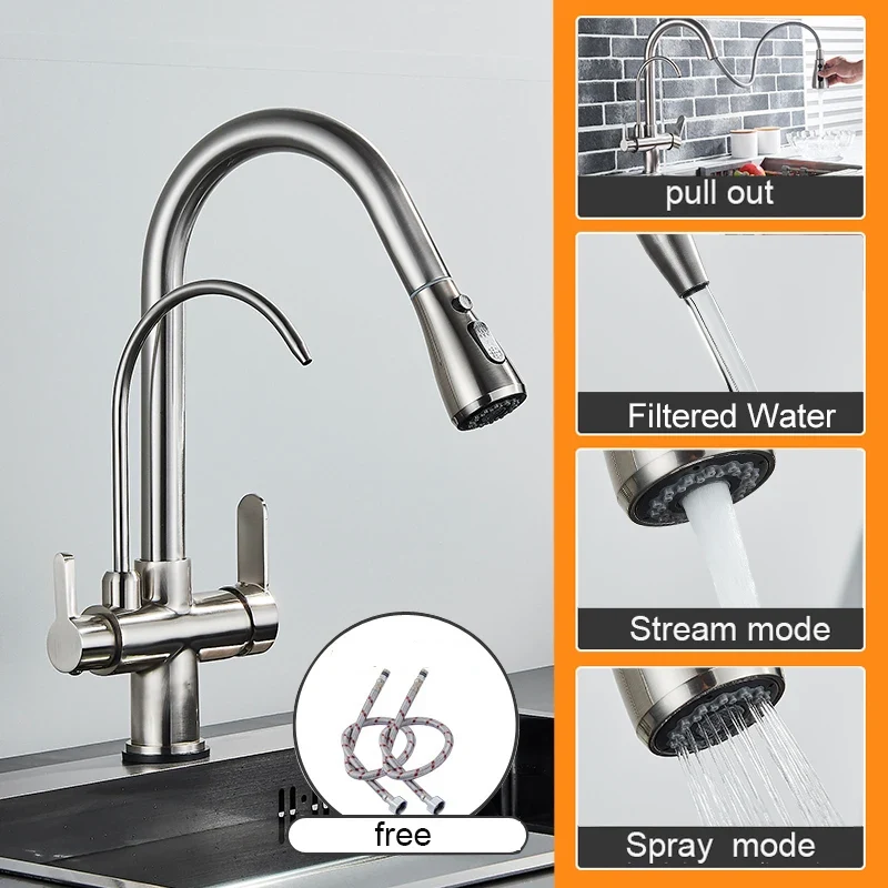 Keukenkraan - met Uittrekbare Uitloop - Twee Handgrepen - voor Koud - Warm Water - Vuistdouche - Drinkwater - en Keukenmixers - Zilver