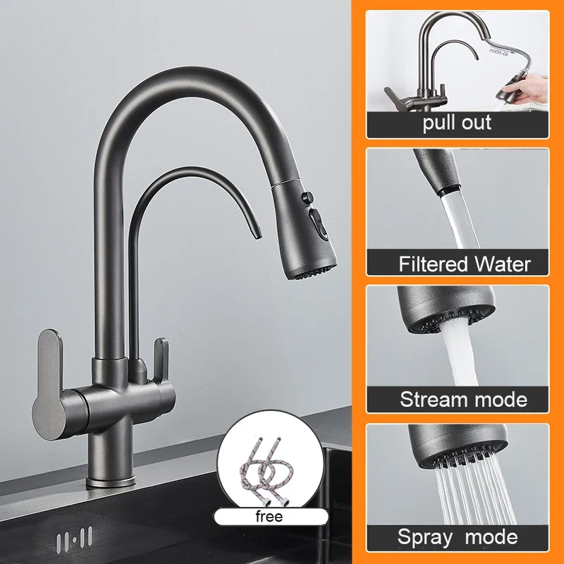 Keukenkraan - met Uittrekbare Uitloop - Twee Handgrepen - voor Koud - Warm Water - Vuistdouche - Drinkwater - en Keukenmixers - Zilver Grijs