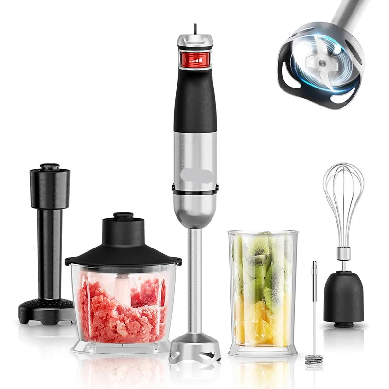 Staafmixer - 6-in-1 - 1200W - Handblender - Elektrisch - Roestvrijstalen Messen - Opzetstukken voor Kloppen - Hakken en Pureren - Foodprocessor - 18,000RPM - Zwart