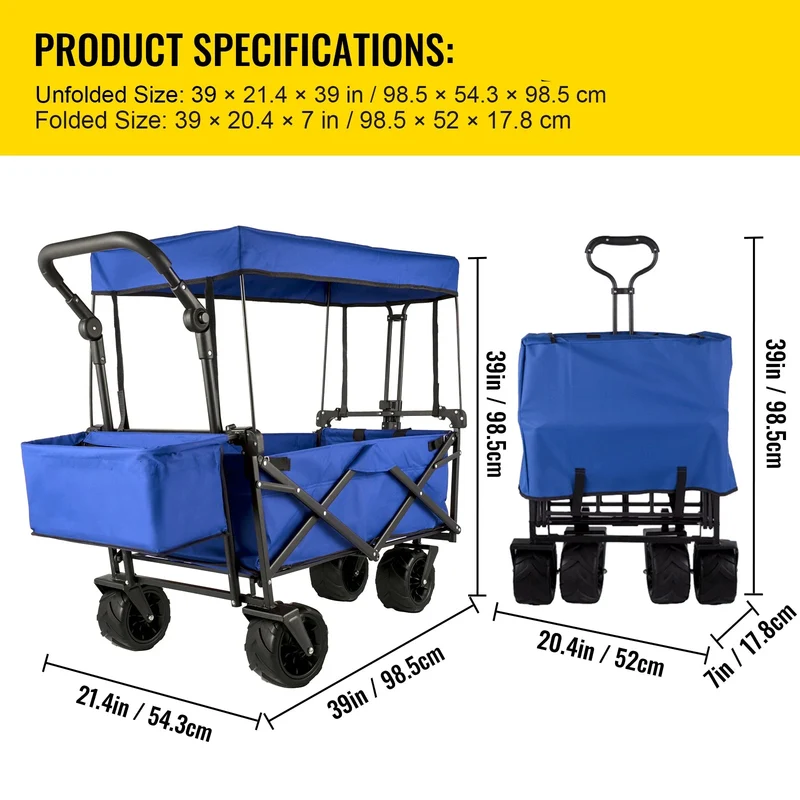Tuinkar – Opvouwbare - met Dak - Boodschappen - Transport - Wagen - Strand - Bolder - All-Terrain Wielen - Zonbescherming - Heavy-duty - Draagbare - 100kg - Blauw