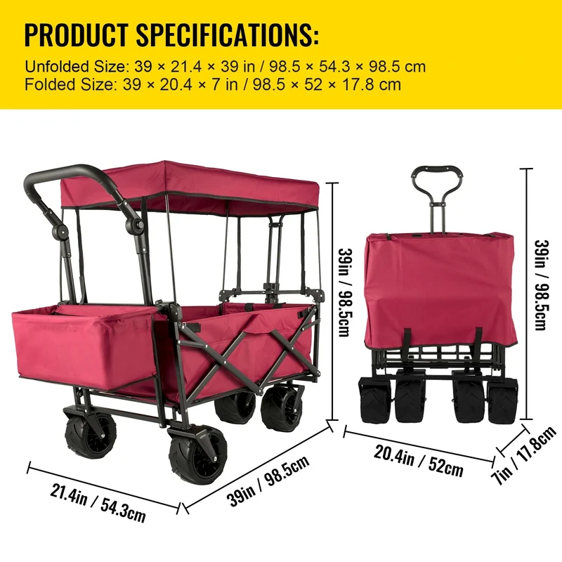 Tuinkar – Opvouwbare - met Dak - Boodschappen - Transport - Wagen - Strand - Bolder - All-Terrain Wielen - Zonbescherming - Heavy-duty - Draagbare - 100kg - Donker Rood