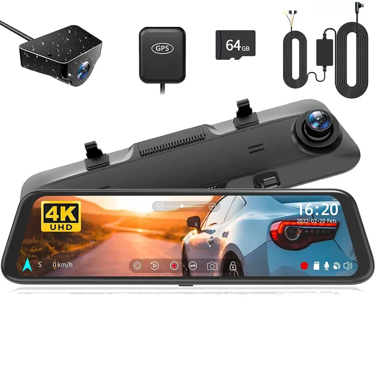 Dashcam Spiegel - Dashcam voor Auto – 12" - Touchscreen - GPS Navigatie – 24K - Achtercamera – Nachtzicht – Parkeermodus – WDR – 170° Groothoek - Hardwire-kit