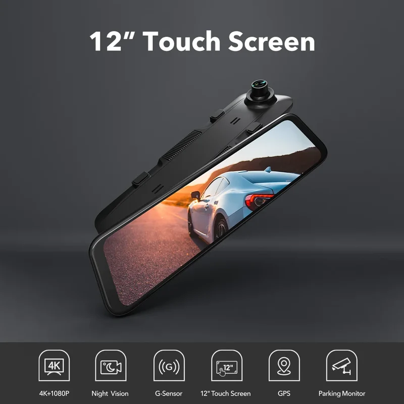 Dashcam Spiegel - Dashcam voor Auto – 12" - Touchscreen - GPS Navigatie – 24K - Achtercamera – Nachtzicht – Parkeermodus – WDR – 170° Groothoek