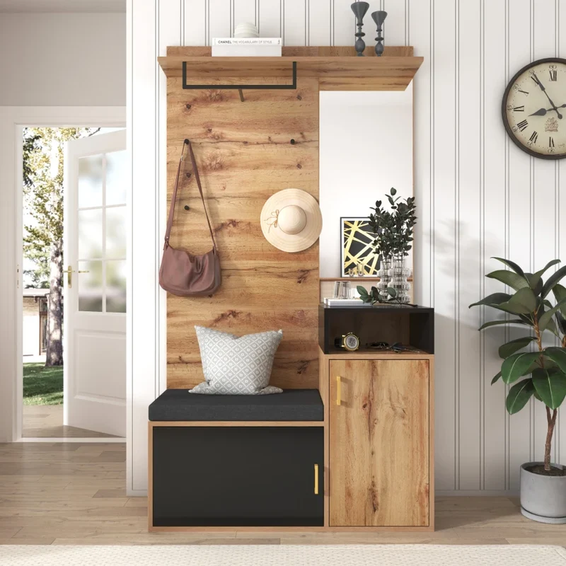 Kledingkastset - Halmeubel - Zwart en Hout - Met Spiegel - Schoenenkast - Kledinghangers - Gangbank - Wandkast - Schoenenorganizer