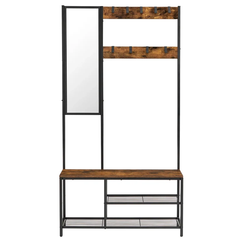 Kapstok - Schoenenrek - Zitbank - Spiegel - Zwart - Staal - Hout - Vintage - Halkast - 4in1 - Opbergrek