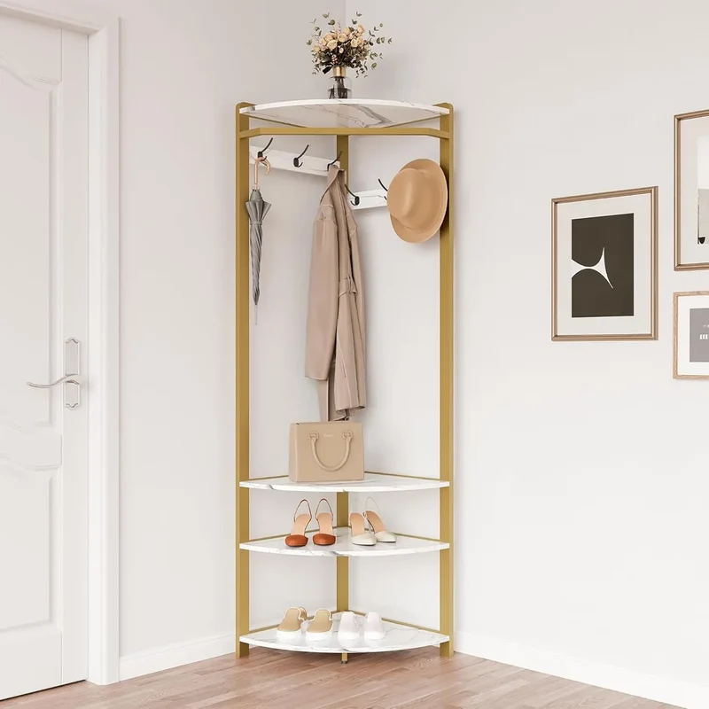 Hoekkapstok met Schoenenbank en 6 Haken - Multifunctioneel Kledingrek - Stabiel en Ruimtebesparend - Opbergruimte met Plank - Industrieel Modern - 50 x 50 x 181 cm - Goud