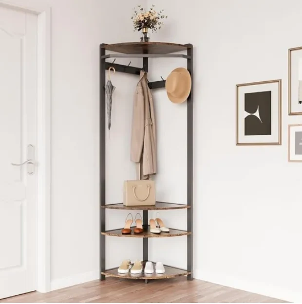 Hoekkapstok met Schoenenbank en 6 Haken - Multifunctioneel Kledingrek - Opbergruimte met Plank - Stabiel en Ruimtebesparend - Industrieel Modern - 50 x 50 x 181 cm - Bruin