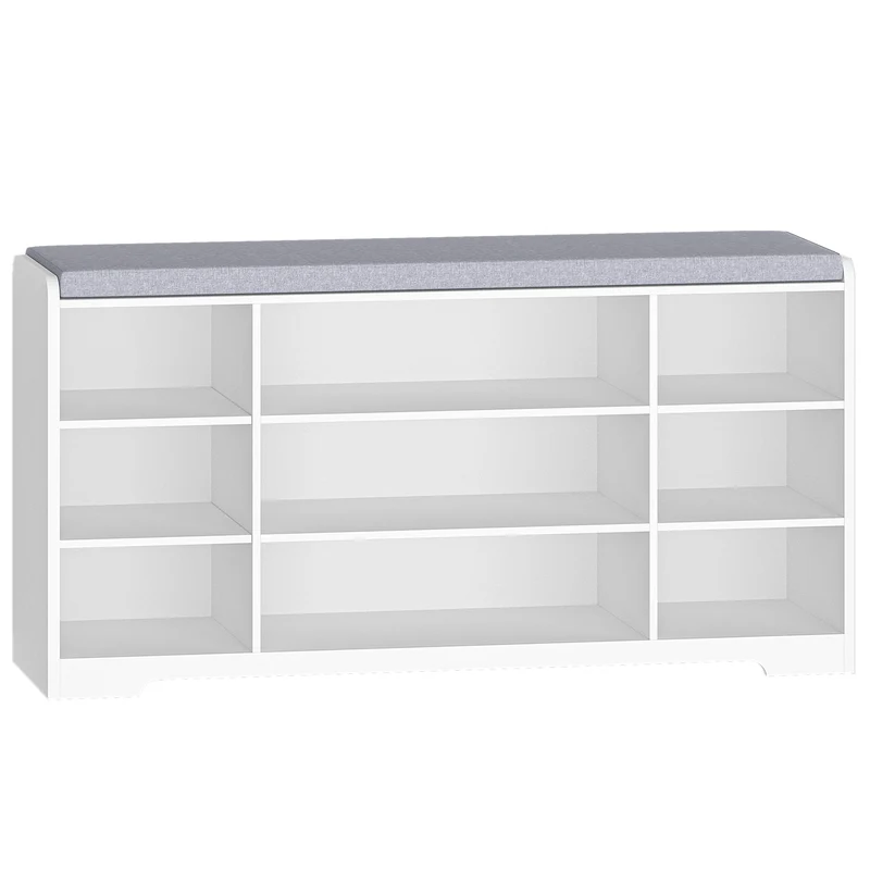 Schoenenbank - met Zitvlak en Opbergkussen - Schoenenrek met 9 Vakken - Verstelbare Planken - Minimalistisch Design - Opbergbank voor Woonkamer - Wit/Grijs - 30 x 103 x 52,7 cm
