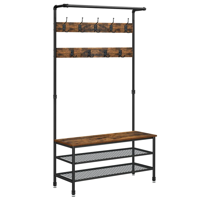 Industriële Kapstok - met Bench en Waterpijp Elementen - Grote Kledingstandaard - met Opbergruimte - Zwart en Vintage Design