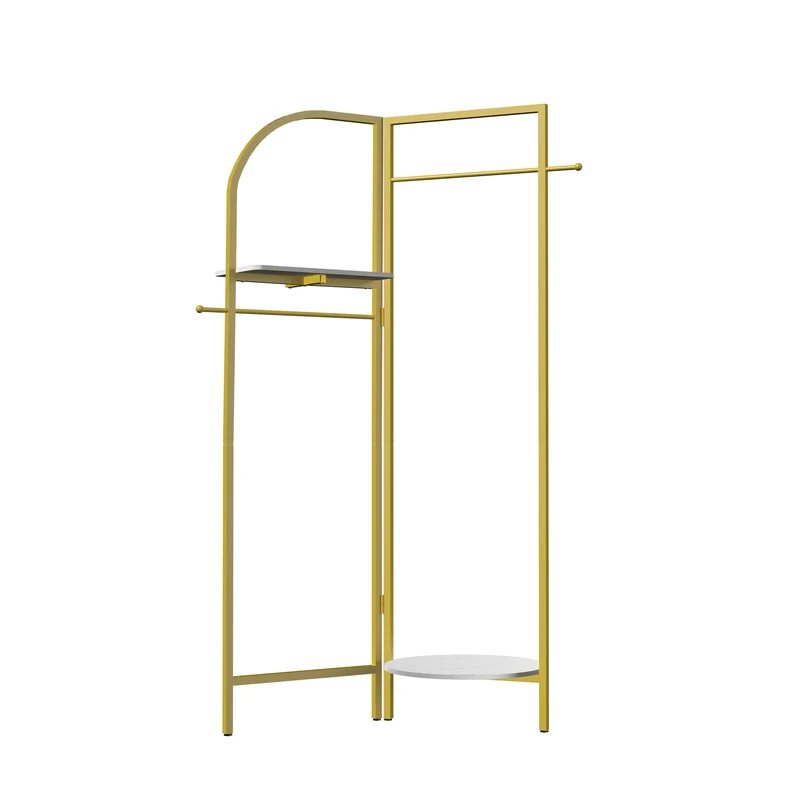 Vrijstaande Gouden Kapstok met Plank - Industrieel Kledingrek met Marmertextuur - 2 Tiers - Stabiele Metalen Constructie