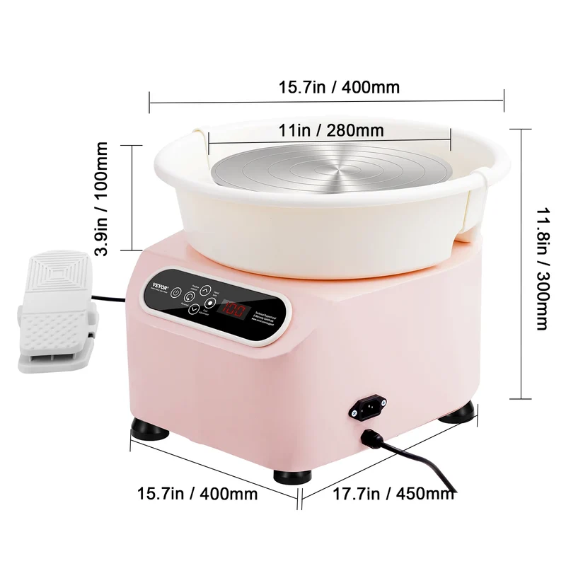 Keramisch Wiel - Snelheidsbereik - Doostype - Met Lcd - Scherm - Geluidsniveau van Minder dan 60 db - Met 8 Roestvrijstalen en - Houten Gereedschappen en - 1 Waterdicht Schort Bevat - 350W - Roze