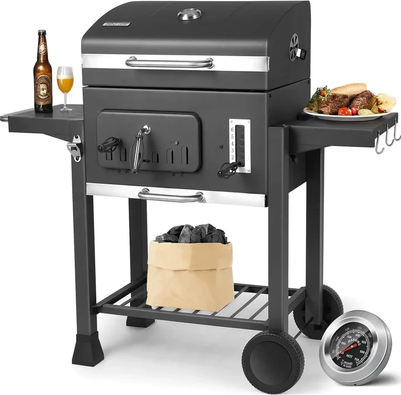 Houtskool Barbecue - XXL BBQ - Smoker Barbecue - Grilloppervlak - Houtskoollade - Opvouwbare Zijtafels - 130x137x49 cm - Zijpanelen - Grijs