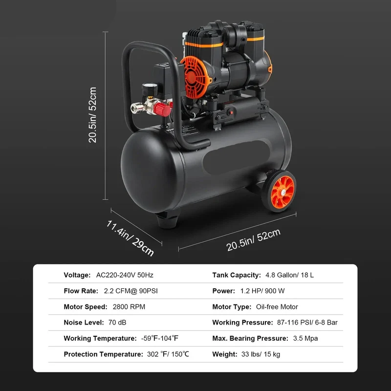 Stille Olievrije Luchtcompressor - Luchtcompressor - Luchtcompressor Bandenpomp - 70dB Geluidsarm - 4,8 Gallon - Draagbare - voor Banden - Spuitwerk - Gereedschap