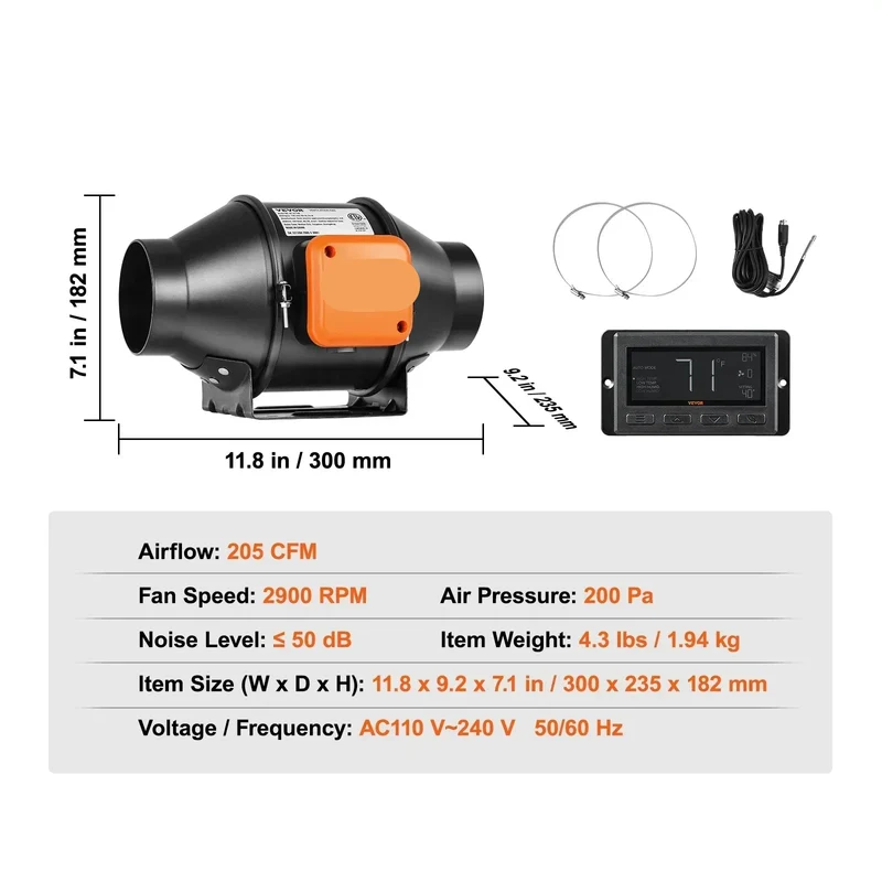 Buisventilator - Inline Kanaalventilator - Afzuig Ventilator - Stille Afzuigventilator - met Temperatuur - en Vochtigheidssensor - voor Badkamer - Kweekruimte - Woonruimte - EC 4Inch