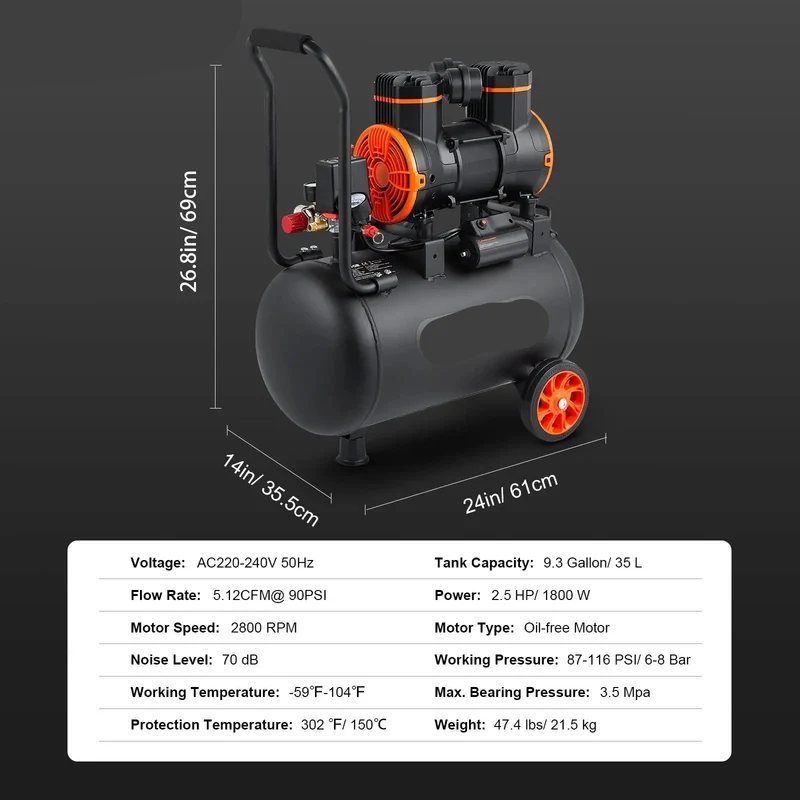 Stille Olievrije Luchtcompressor - Luchtcompressor - Luchtcompressor Bandenpomp - 70dB Geluidsarm - 9,3 Gallon - Draagbare - voor Banden - Spuitwerk - Gereedschap