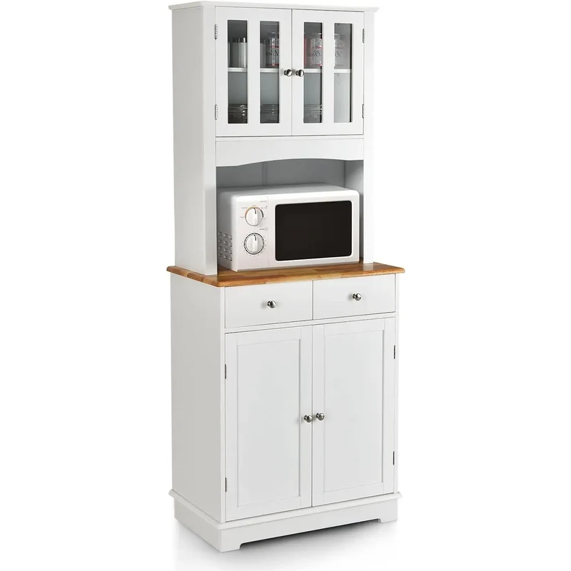 Keukenkast hoog - 170 cm buffetkast hout - hoge kast met 2 laden & verstelbare planken & glazen deuren & draadgat - keukenbuffet vrijstaand - buffet voor keuken eetkamer - wit