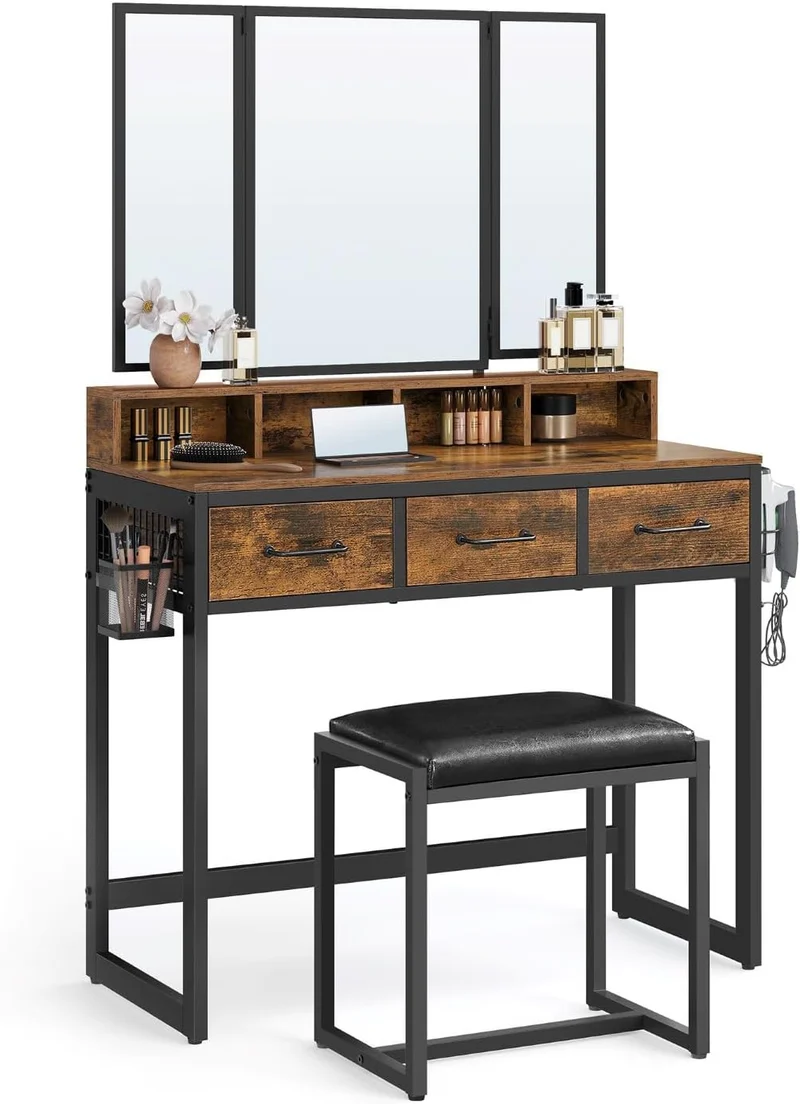 Kaptafel - met kruk en opklapbare spiegel - Cosmeticatafel - Damestafel - Hout - Bruin/Zwart