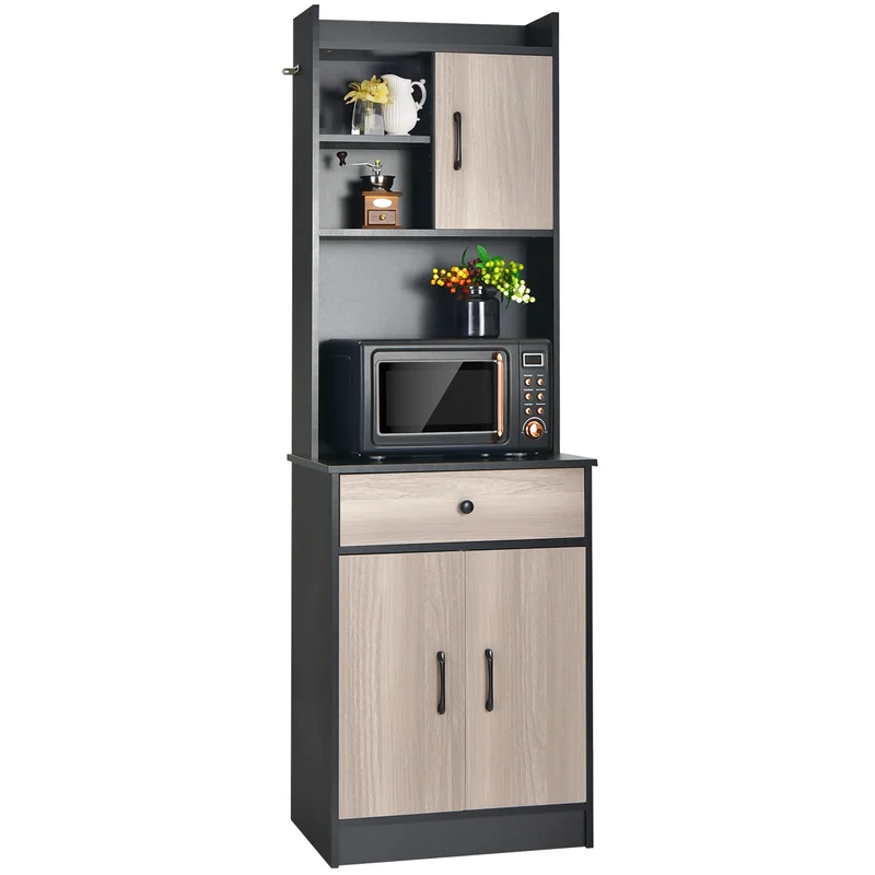 Keukenkast - buffetkast met lade - verstelbare planken en kabelgat - hoge kast keukenhout - grote open ruimte voor magnetron - vrijstaand - 60 x 40 x 180cm