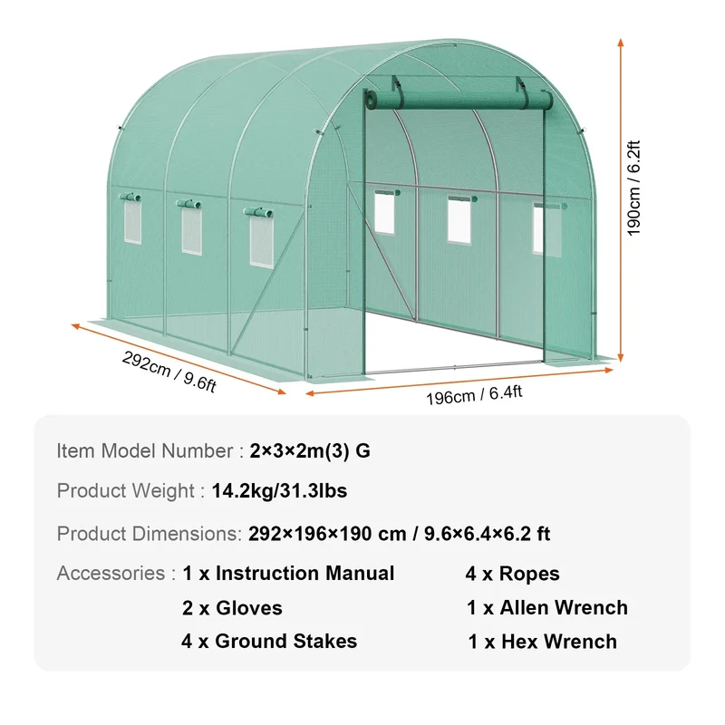 Walk-in Tunnelkas - Tuinkas - Tunnelserre - Grote - Stalen Frame - Weerbestendige - Plantenkas met Vensters - Voor Tuin - en Kleine Boerderij - 10x7x7ft - Groen