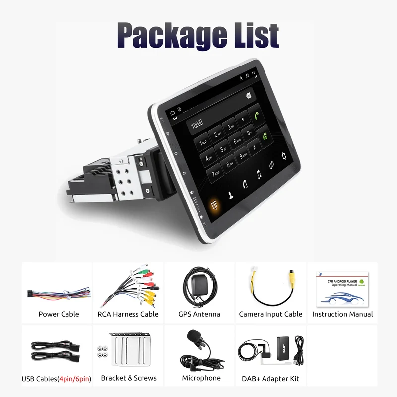 Multimedia Autoradio - Android Autoradio - Draaibare - Universeel Multimedia Systeem - CarPlay - GPS Navigatie - Bluetooth - 10.1" - Touchscreen - 64G - DAB