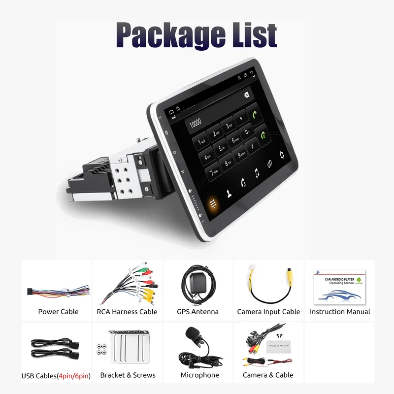 Multimedia Autoradio - Android Autoradio - Draaibare - Universeel Multimedia Systeem - CarPlay - GPS Navigatie - Bluetooth - 10.1" - Touchscreen - 64G - 12 LED