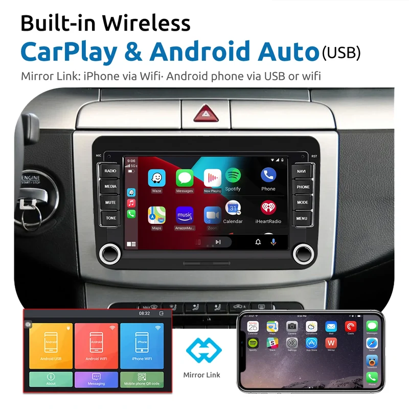 Multimedia Autoradio - Android Autoradio - Draadloze - Universeel Multimedia Systeem - CarPlay - GPS Navigatie - Bluetooth - 7" - Touchscreen - 64G - AHD