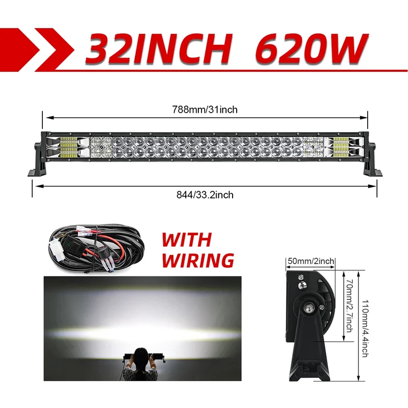 Lichtbalk voor Auto & Vrachtwagens - Krachtige LED Verlichting - Eenvoudige Installatie - 32 Recht met Draad - 70000LM/620W