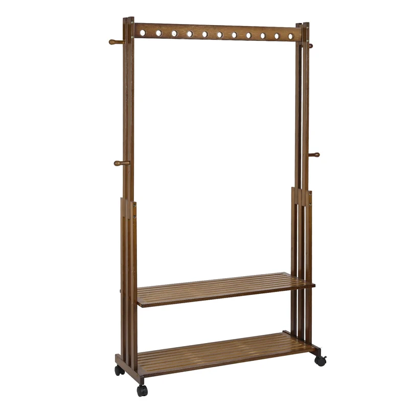 Bamboe Kledingrek - Kledingstandaard - Met-Wielen-Plank-Coatstand - Schoenenrek - Hout - Walnootkleur