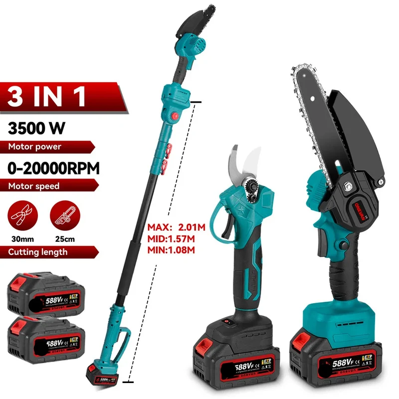 2-in-1 Snoeigereedschap - Accu Kettingzaag - Telescopische Zaag - Draadloze - 3500W - Lichtgewicht - Tuingereedschap - Zonder Accu