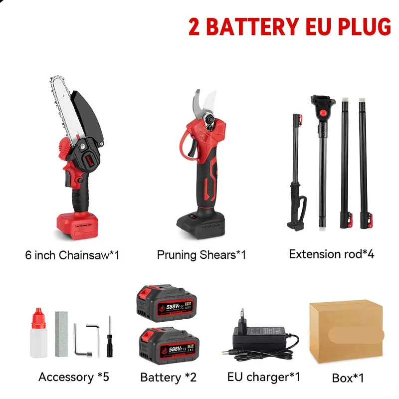 3-in-1 Snoeigereedschap - Accu Kettingzaag - Accu Snoeischaar - Telescopische Zaag - Draadloze - 3500W - Lichtgewicht - Tuingereedschap - 2 Accu - Rood