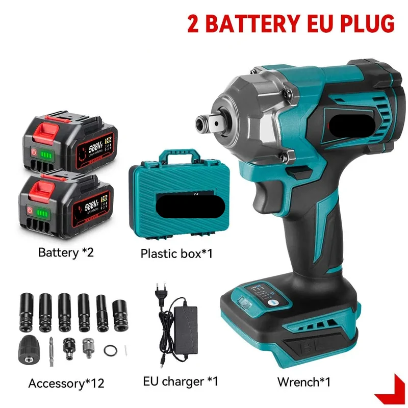 Slagmoersleutel - met Accu - Slagschroevendraaier -1200Nm - Draadloze - Elektrische Schroevendraaier - Brushless Motor - Met LED - 3-in-1 Functie - 18V - 1/2 Inch - 2 Accu met Kunststof Doos
