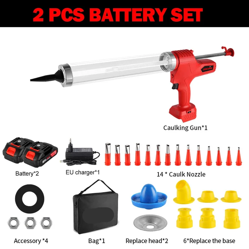 Elektrisch Kitpistool - Accu Kitspuit - Lijmpistool - 6 Snelheden - 18V - Voor Glas - Rubber & Kit - Meerdere Toepassingen - Inclusief 14 Nozzles - 2 Accu